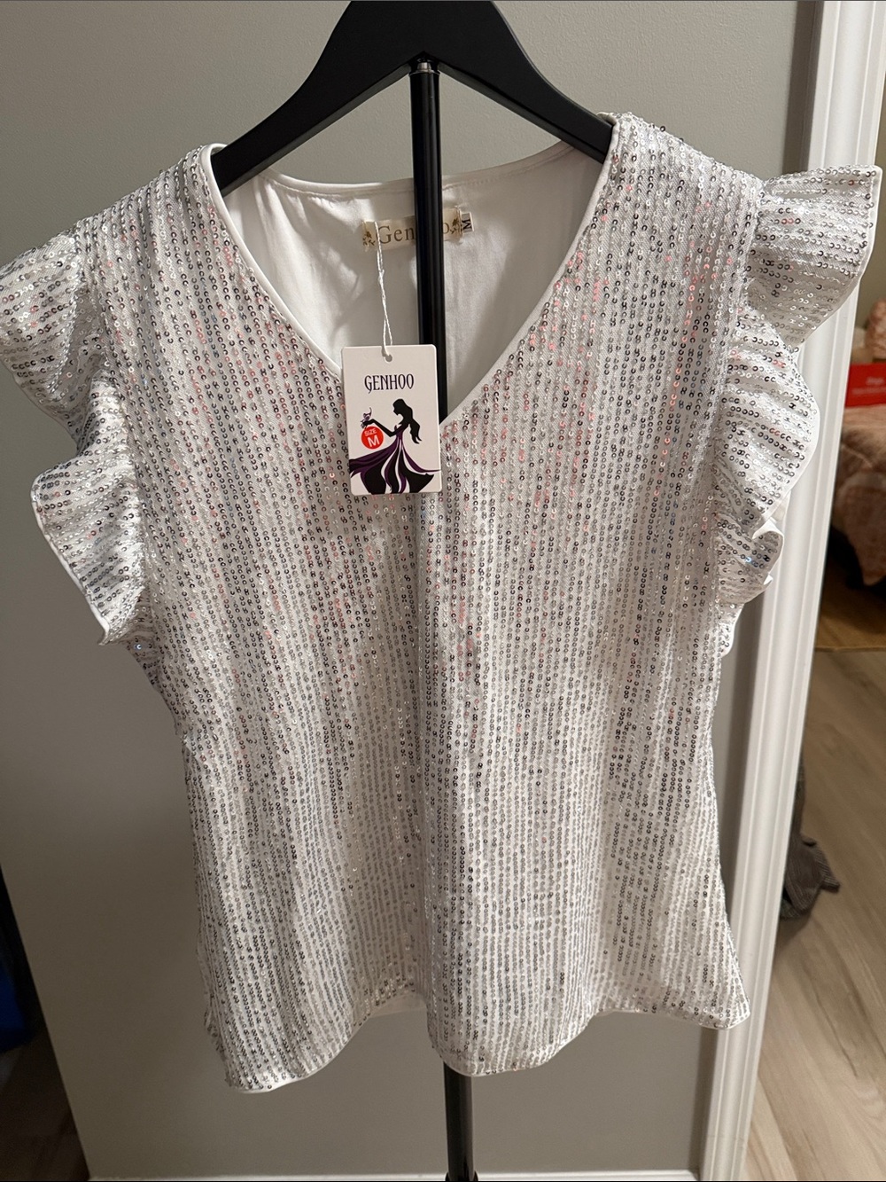 White Sequin Ruffle Sleeve Camisole